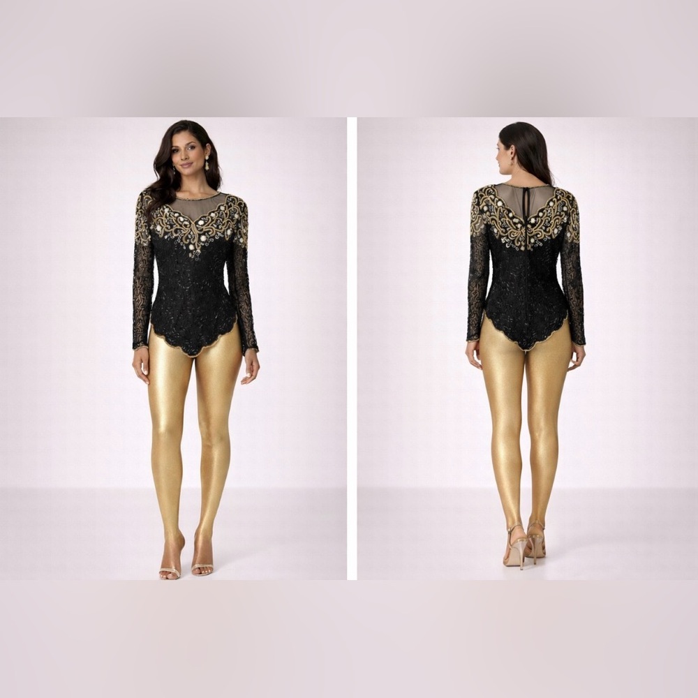 Laurence Kazar Silk Black Gold Bead Sequin Top PM Petite Medium Sequin Vintage